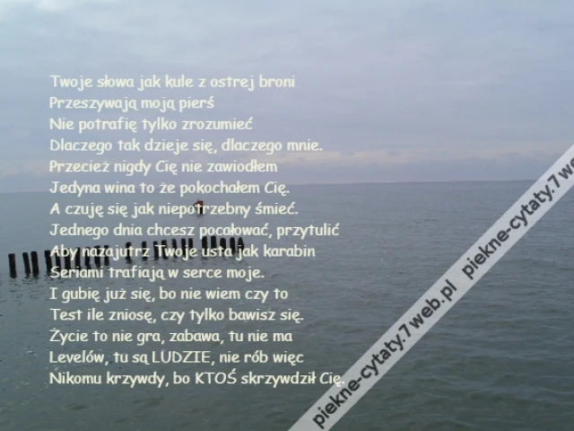Twoje słowa jak kule z ostrej broni\r\nPrzeszywają moją pierś\r\nNie potrafię tylko zrozumieć \r\nDlaczego tak dzieje się, dlaczego mnie.\r\nPrzecież nigdy Cię nie zawiodłem\r\nJedyna wina to że pokochałem Cię.\r\nA czuję się jak niepotrzebny śmieć.\r\nJednego dnia chcesz pocałować, przytulić\r\nAby nazajutrz Twoje usta jak karabin\r\nSeriami trafiają w serce moje.\r\nI gubię już się, bo nie wiem czy to\r\nTest ile zniosę, czy tylko bawisz się.\r\nŻycie to nie gra, zabawa, tu nie ma \r\nLevelów, tu są LUDZIE, nie rób więc \r\nNikomu krzywdy, bo KTOŚ skrzywdził Cię.