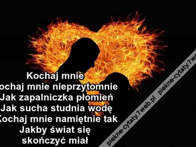 Kochaj mnie Kochaj mnie nieprzytomnie Jak zapalniczka płomień Jak sucha studnia wodę Kochaj mnie namiętnie tak Jakby świat się skończyć miał