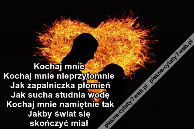 Kochaj mnie Kochaj mnie nieprzytomnie Jak zapalniczka płomień Jak sucha studnia wodę Kochaj mnie namiętnie tak Jakby świat się skończyć miał