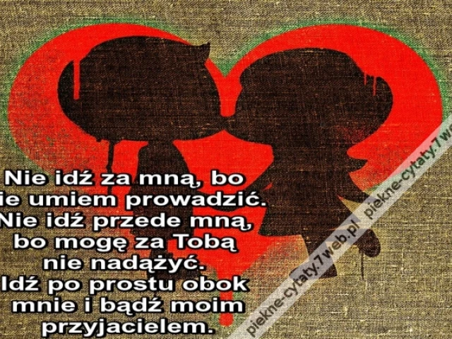 Nie idź za mną, bo nie umiem prowadzić. Nie idź przede mną, bo mogę za Tobą nie nadążyć. Idź po prostu obok mnie i bądź moim przyjacielem.