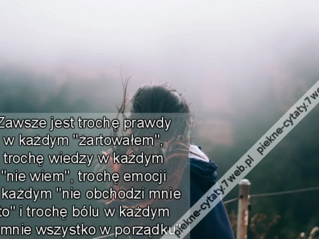 Zawsze jest trochę prawdy w każdym "żartowałem", trochę wiedzy w każdym "nie wiem", trochę emocji w każdym "nie obchodzi mnie to" i trochę bólu w każdym "u mnie wszystko w porządku".