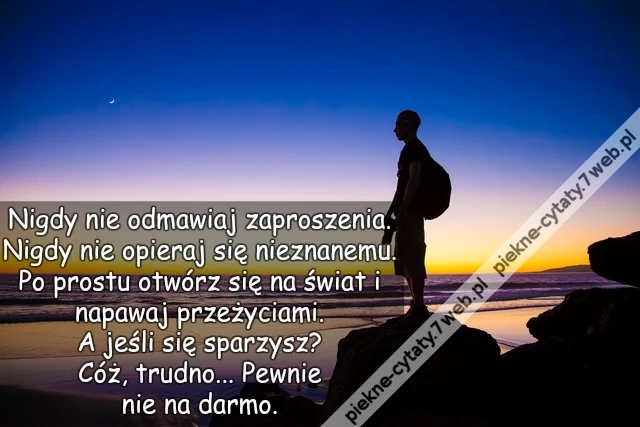 Nigdy nie odmawiaj zaproszenia. Nigdy nie opieraj się nieznanemu. Po prostu otwórz się na świat i napawaj przeżyciami. A jeśli się sparzysz? Cóż, trudno... Pewnie nie na darmo.