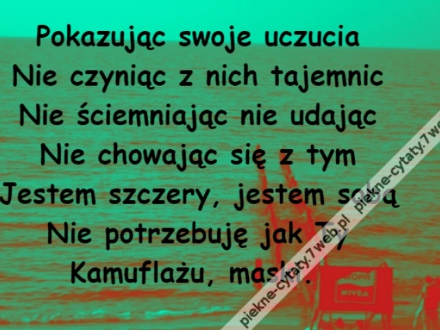 Pokazując swoje uczucia\r\nNie czyniąc z nich tajemnic\r\nNie ściemniając nie udając\r\nNie chowając się z tym\r\nJestem szczery, jestem sobą\r\nNie potrzebuję jak Ty\r\nKamuflażu, maski.