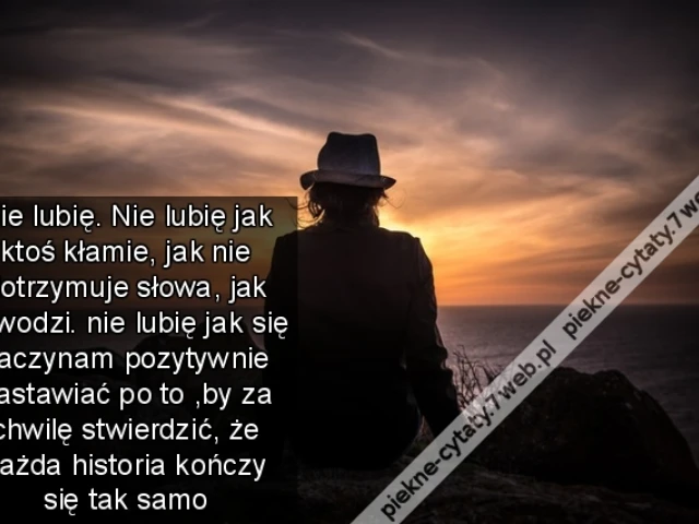 Nie lubię. Nie lubię jak ktoś kłamie, jak nie dotrzymuje słowa, jak zawodzi. nie lubię jak się zaczynam pozytywnie nastawiać po to ,by za chwilę stwierdzić, że każda historia kończy się tak samo