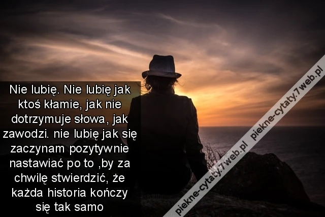 Nie lubię. Nie lubię jak ktoś kłamie, jak nie dotrzymuje słowa, jak zawodzi. nie lubię jak się zaczynam pozytywnie nastawiać po to ,by za chwilę stwierdzić, że każda historia kończy się tak samo
