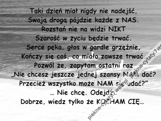 Taki dzień miał nigdy nie nadejść,\r\nSwoją drogą pójdzie każde z NAS.\r\nRozstań nie na widzi NIKT\r\nSzarość w życiu będzie trwać.\r\nSerce pęka, głos w gardle grzęźnie,\r\nKończy się coś, co miało zawsze trwać.\r\nPozwól że, zapytam ostatni raz\r\n„Nie chcesz jeszcze jednej szansy NAM dać?\r\nPrzecież wszystko może NAM się udać?”\r\n… Nie chcę. Odejdź…\r\nDobrze, wiedz tylko że KOCHAM CIĘ…