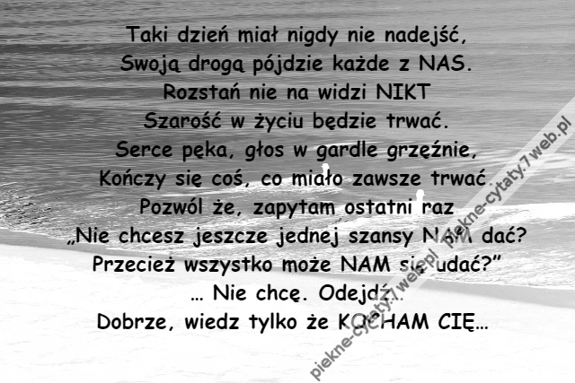 Taki dzień miał nigdy nie nadejść,\r\nSwoją drogą pójdzie każde z NAS.\r\nRozstań nie na widzi NIKT\r\nSzarość w życiu będzie trwać.\r\nSerce pęka, głos w gardle grzęźnie,\r\nKończy się coś, co miało zawsze trwać.\r\nPozwól że, zapytam ostatni raz\r\n„Nie chcesz jeszcze jednej szansy NAM dać?\r\nPrzecież wszystko może NAM się udać?”\r\n… Nie chcę. Odejdź…\r\nDobrze, wiedz tylko że KOCHAM CIĘ…