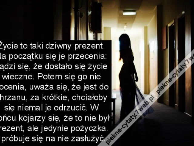 życie to taki dziwny prezent. Na początku się je przecenia: sądzi się, że dostało się życie wieczne. Potem się go nie docenia, uważa się, że jest do chrzanu, za krótkie, chciałoby się niemal je odrzucić. W końcu kojarzy się, że to nie był prezent, ale jed