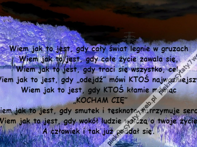 Wiem jak to jest, gdy cały świat legnie w gruzach\r\nWiem jak to jest, gdy całe życie zawala się,\r\nWiem jak to jest, gdy traci się wszystko, cel,\r\nWiem jak to jest, gdy „odejdź” mówi KTOŚ najważniejszy,\r\nWiem jak to jest, gdy KTOŚ kłamie mówiąc\r\n „KOCHAM CIĘ”\r\nWiem jak to jest, gdy smutek i tęsknota zatrzymuje serce,\r\nWiem jak to jest, gdy wokół ludzie walczą o twoje życie,\r\nA człowiek i tak już poddał się.