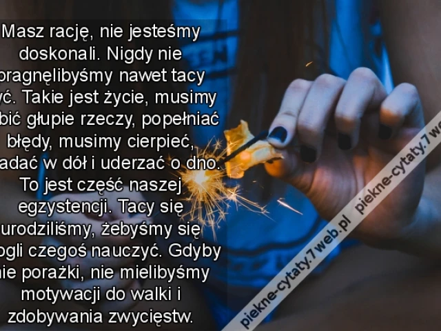 Masz rację, nie jesteśmy doskonali. Nigdy nie pragnęlibyśmy nawet tacy być. Takie jest życie, musimy robić głupie rzeczy, popełniać błędy, musimy cierpieć, spadać w dół i uderzać o dno. To jest część naszej egzystencji. Tacy się urodziliśmy, żebyśmy się m