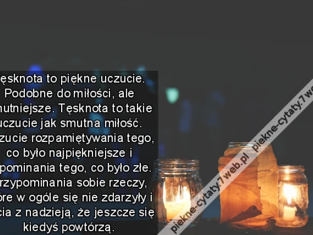 Tęsknota to piękne uczucie. Podobne do miłości, ale smutniejsze. Tęsknota to takie uczucie jak smutna miłość. Uczucie rozpamiętywania tego, co było najpiękniejsze i zapominania tego, co było złe. Przypominania sobie rzeczy, które w ogóle się nie zdarzyły