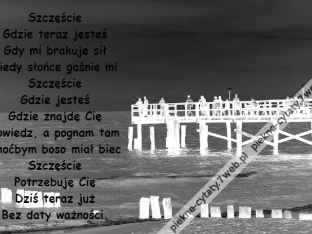 Szczęście\r\nGdzie teraz jesteś\r\nGdy mi brakuje sił\r\nKiedy słońce gaśnie mi\r\nSzczęście\r\nGdzie jesteś\r\nGdzie znajdę Cię\r\nPowiedz, a pognam tam\r\nChoćbym boso miał biec\r\nSzczęście\r\nPotrzebuję Cię\r\nDziś teraz już\r\nBez daty ważności.