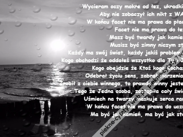 Wycieram oczy mokre od łez, ukradkiem\r\nAby nie zobaczył ich nikt z WAS,\r\nW końcu facet nie ma prawa do płaczu\r\nFacet nie ma prawa do łez, \r\nMasz być twardy jak kamień, \r\nMusisz być zimny niczym stal.\r\nKażdy ma swój świat, każdy jakiś problem ma\r\nKogo obchodzi że oddałeś wszystko dla Ty i Ja?\r\nKogo obejdzie że Ktoś kogo Kochasz,\r\nOdebrał życiu sens, zabrał marzenia,  \r\nZrobił z ciebie winnego, to prawda winny jestem \r\nTego że Jedna osoba, zastąpiła cały świat.\r\nUśmiech na twarzy maskuje serca rany,\r\nW końcu facet nie ma prawa do uczuć,\r\nMa być jak kamień, ma być jak stal…