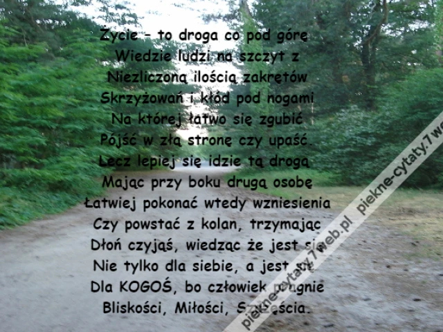 Życie – to droga co pod górę \r\nWiedzie ludzi na szczyt z\r\nNiezliczoną ilością zakrętów\r\nSkrzyżowań i kłód pod nogami\r\nNa której łatwo się zgubić\r\nPójść w złą stronę czy upaść.\r\nLecz lepiej się idzie tą drogą \r\nMając przy boku drugą osobę\r\nŁatwiej pokonać wtedy wzniesienia\r\nCzy powstać z kolan, trzymając\r\nDłoń czyjąś, wiedząc że jest się\r\nNie tylko dla siebie, a jest się \r\nDla KOGOŚ, bo człowiek pragnie\r\nBliskości, Miłości, Szczęścia.