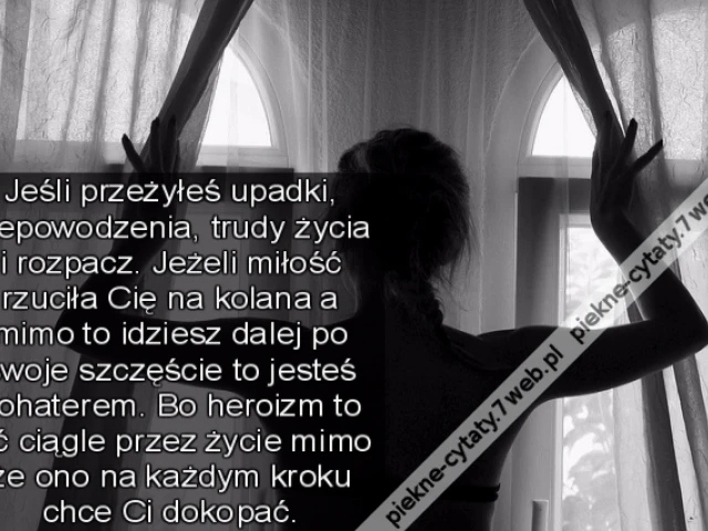 Jeśli przeżyłeś upadki, niepowodzenia, trudy życia i rozpacz. Jeżeli miłość rzuciła Cię na kolana a mimo to idziesz dalej po swoje szczęście to jesteś bohaterem. Bo heroizm to iść ciągle przez życie mimo że ono na każdym kroku chce Ci dokopać.