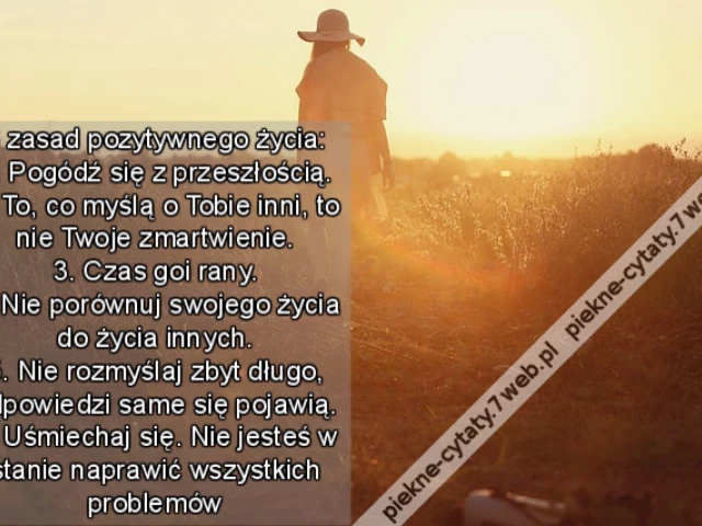 6 zasad pozytywnego życia: 1. Pogódź się z przeszłością. 2. To, co myślą o Tobie inni, to nie Twoje zmartwienie. 3. Czas goi rany. 4. Nie porównuj swojego życia do życia innych. 5. Nie rozmyślaj zbyt długo, odpowiedzi same się pojawią. 6. Uśmiechaj się. N