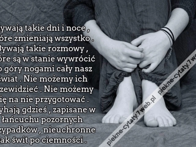 Bywają takie dni i noce , które zmieniają wszystko . Bywają takie rozmowy , które są w stanie wywrócić do góry nogami cały nasz świat . Nie możemy ich przewidzieć . Nie możemy się na nie przygotować . Czyhają gdzieś , zapisane w łańcuchu pozornych przypad