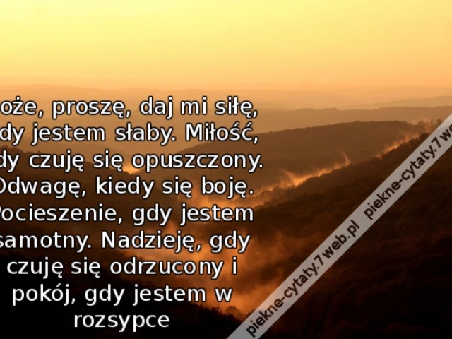 Boże, proszę, daj mi siłę, gdy jestem słaby. Miłość, gdy czuję się opuszczony. Odwagę, kiedy się boję. Pocieszenie, gdy jestem samotny. Nadzieję, gdy czuję się odrzucony i pokój, gdy jestem w rozsypce