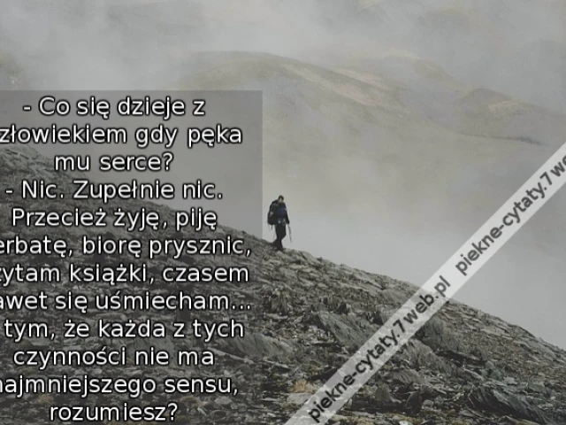 - Co się dzieje z człowiekiem gdy pęka mu serce? - Nic. Zupełnie nic. Przecież żyję, piję herbatę, biorę prysznic, czytam książki, czasem nawet się uśmiecham... z tym, że każda z tych czynności nie ma najmniejszego sensu, rozumiesz? - Tak
