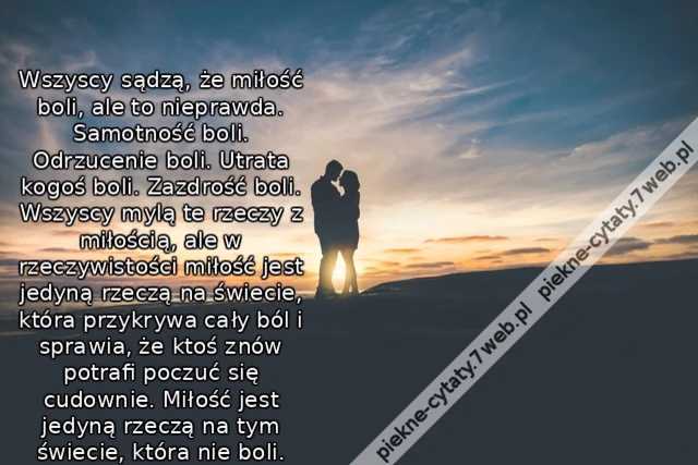 Wszyscy sądzą, że miłość boli, ale to nieprawda. Samotność boli. Odrzucenie boli. Utrata kogoś boli. Zazdrość boli. Wszyscy mylą te rzeczy z miłością, ale w rzeczywistości miłość jest jedyną rzeczą na świecie, która przykrywa cały ból i sprawia, że ktoś z