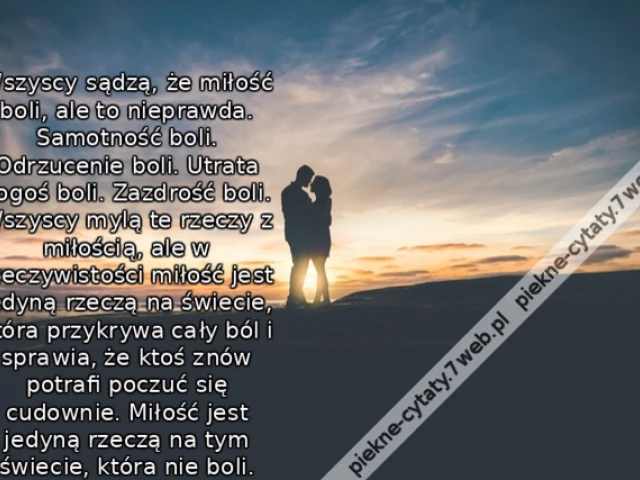 Wszyscy sądzą, że miłość boli, ale to nieprawda. Samotność boli. Odrzucenie boli. Utrata kogoś boli. Zazdrość boli. Wszyscy mylą te rzeczy z miłością, ale w rzeczywistości miłość jest jedyną rzeczą na świecie, która przykrywa cały ból i sprawia, że ktoś z