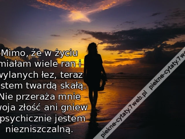 Mimo, że w życiu miałam wiele ran i wylanych łez, teraz jestem twardą skałą. Nie przeraża mnie twoja złość ani gniew - psychicznie jestem niezniszczalną.