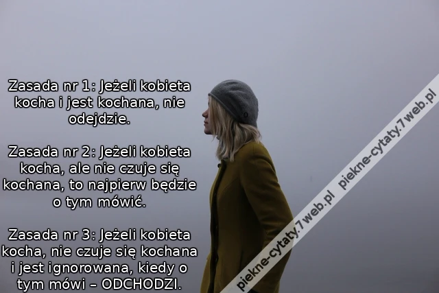 Zasada nr 1: Jeżeli kobieta kocha i jest kochana, nie odejdzie. Zasada nr 2: Jeżeli kobieta kocha, ale nie czuje się kochana, to najpierw będzie o tym mówić. Zasada nr 3: Jeżeli kobieta kocha, nie czuje się kochana i jest ignorowana, kiedy o tym mówi –