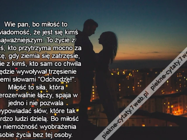 Wie pan, bo miłość to świadomość, że jest się kimś najważniejszym. To życie z kimś, kto przytrzyma mocno za rękę, gdy ziemia się zatrzęsie, a nie z kimś, kto sam co chwila będzie wywoływał trzęsienie ziemi słowami "Odchodzę!". Miłość to siła, która nieroz