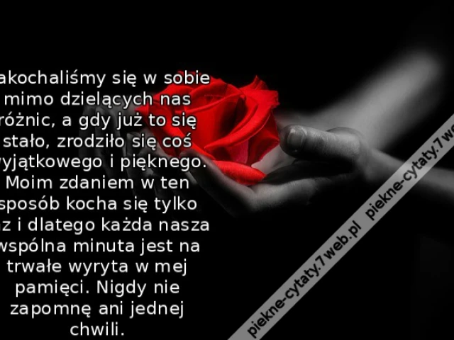 Zakochaliśmy się w sobie mimo dzielących nas różnic, a gdy już to się stało, zrodziło się coś wyjątkowego i pięknego. Moim zdaniem w ten sposób kocha się tylko raz i dlatego każda nasza wspólna minuta jest na trwałe wyryta w mej pamięci. Nigdy nie zapomnę