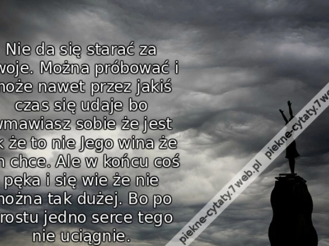 Nie da się starać za dwoje. Można próbować i może nawet przez jakiś czas się udaje bo wmawiasz sobie że jest ok że to nie Jego wina że On chce. Ale w końcu coś pęka i się wie że nie można tak dużej. Bo po prostu jedno serce tego nie uciągnie.