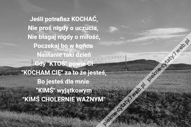 Jeśli potrafisz KOCHAĆ,Nie proś nigdy o uczucia, Nie błagaj nigdy o miłość,Poczekaj bo w końcu Nastanie taki dzieńGdy &quot;KTOŚ&quot; powie CI&quot;KOCHAM CIĘ&quot; za to że jesteś,Bo jesteś dla mnie &quot;KIMŚ&quot; wyjątkowym&quot;KIMŚ CHOLERNIE WAŻNYM&quot;