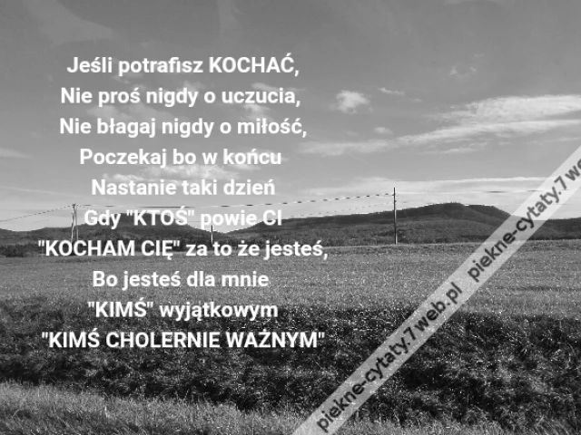 Jeśli potrafisz KOCHAĆ,Nie proś nigdy o uczucia, Nie błagaj nigdy o miłość,Poczekaj bo w końcu Nastanie taki dzieńGdy "KTOŚ" powie CI"KOCHAM CIĘ" za to że jesteś,Bo jesteś dla mnie "KIMŚ" wyjątkowym"KIMŚ CHOLERNIE WAŻNYM"