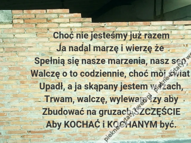 Choć nie jesteśmy już razem\r\nJa nadal marzę i wierzę że \r\nSpełnią się nasze marzenia, nasz sen,\r\nWalczę o to codziennie, choć mòj świat \r\nUpadł, a ja skąpany jestem w łzach,\r\nTrwam, walczę, wylewam łzy aby\r\nZbudować na gruzach SZCZĘŚCIE\r\nAby KOCHAĆ i KOCHANYM być.