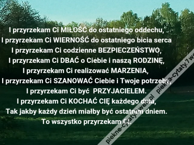 I przyrzekam Ci MIŁOŚĆ do ostatniego oddechu,\r\nI przyrzekam Ci WIERNOŚĆ do ostatniego bicia serca\r\nI przyrzekam Ci codzienne BEZPIECZEŃSTWO,\r\nI przyrzekam Ci DBAĆ o Ciebie i naszą RODZINĘ,\r\nI przyrzekam Ci realizować MARZENIA, \r\nI przyrzekam Ci SZANOWAĆ Ciebie i Twoje potrzeby,\r\nI przyrzekam Ci być PRZYJACIELEM.\r\nI przyrzekam Ci KOCHAĆ CIĘ każdego dnia,\r\nTak jakby każdy dzień miałby być ostatnim dniem.\r\nTo wszystko przyrzekam Ci.