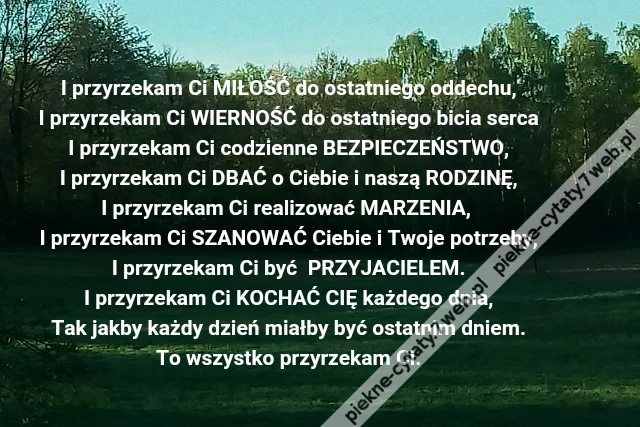 I przyrzekam Ci MIŁOŚĆ do ostatniego oddechu,\r\nI przyrzekam Ci WIERNOŚĆ do ostatniego bicia serca\r\nI przyrzekam Ci codzienne BEZPIECZEŃSTWO,\r\nI przyrzekam Ci DBAĆ o Ciebie i naszą RODZINĘ,\r\nI przyrzekam Ci realizować MARZENIA, \r\nI przyrzekam Ci SZANOWAĆ Ciebie i Twoje potrzeby,\r\nI przyrzekam Ci być PRZYJACIELEM.\r\nI przyrzekam Ci KOCHAĆ CIĘ każdego dnia,\r\nTak jakby każdy dzień miałby być ostatnim dniem.\r\nTo wszystko przyrzekam Ci.