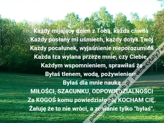 Każdy mijający dzień z Tobą, każda chwila \r\nKażdy posłany mi uśmiech, każdy dotyk Twòj\r\nKażdy pocałunek, wyjaśnienie nieporozumień\r\nKażda łza wylana przeze mnie, czy Ciebie, \r\nKażdym wspomnieniem, sprawiłaś że\r\nByłaś tlenem, wodą, pożywieniem.\r\nByłaś dla mnie nauką\r\nMIŁOŚCI, SZACUNKU, ODPOWIEDZIALNOŚCI\r\nZa KOGOŚ komu powiedziało się KOCHAM CIĘ.\r\nŻałuję że to nie wròci, a zostanie tylko "byłaś".