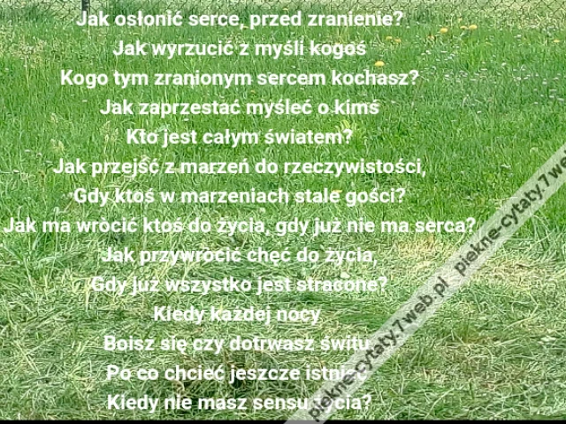 Jak osłonić serce, przed zranienie?\r\nJak wyrzucić z myśli kogoś\r\nKogo tym zranionym sercem kochasz?\r\nJak zaprzestać myśleć o kimś\r\nKto jest całym światem?\r\nJak przejść z marzeń do rzeczywistości,\r\nGdy ktoś w marzeniach stale gości?\r\nJak ma wròcić ktoś do życia, gdy już nie ma serca?\r\nJak przywròcić chęć do życia,\r\nGdy już wszystko jest stracone?\r\nKiedy każdej nocy \r\nBoisz się czy dotrwasz świtu.\r\nPo co chcieć jeszcze istnieć \r\nKiedy nie masz sensu życia?
