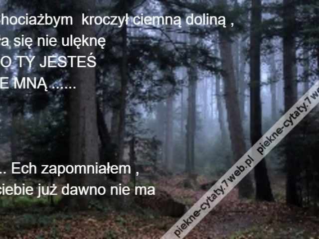 Chociażbym kroczył ciemną doliną , \r\nzła się nie ulęknę \r\nBO TY JESTEŚ \r\nZE MNĄ ......\r\n\r\n\r\n\r\n.... Ech zapomniałem ,\r\n ciebie już dawno nie ma