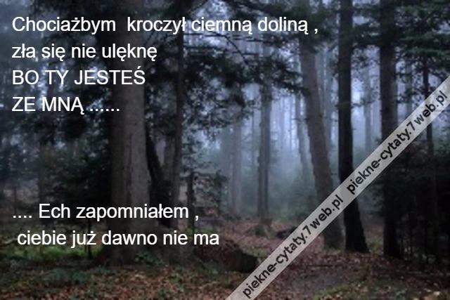 Chociażbym kroczył ciemną doliną , \r\nzła się nie ulęknę \r\nBO TY JESTEŚ \r\nZE MNĄ ......\r\n\r\n\r\n\r\n.... Ech zapomniałem ,\r\n ciebie już dawno nie ma