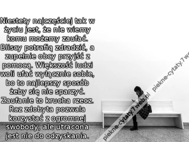 Niestety najczęściej tak w życiu jest, że nie wiemy komu możemy zaufać. Bliscy potrafią zdradzić, a zupełnie obcy przyjść z pomocą. Większość ludzi woli ufać wyłącznie sobie, bo to najlepszy sposób żeby się nie sparzyć. Zaufanie to krucha rzecz. Raz zdoby