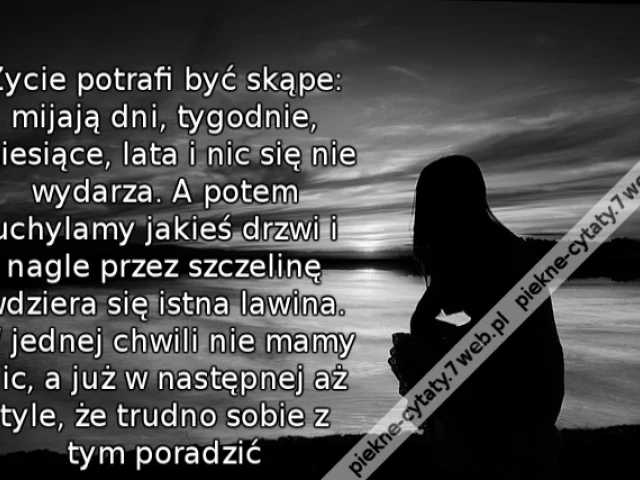 Życie potrafi być skąpe: mijają dni, tygodnie, miesiące, lata i nic się nie wydarza. A potem uchylamy jakieś drzwi i nagle przez szczelinę wdziera się istna lawina. W jednej chwili nie mamy nic, a już w następnej aż tyle, że trudno sobie z tym poradzić