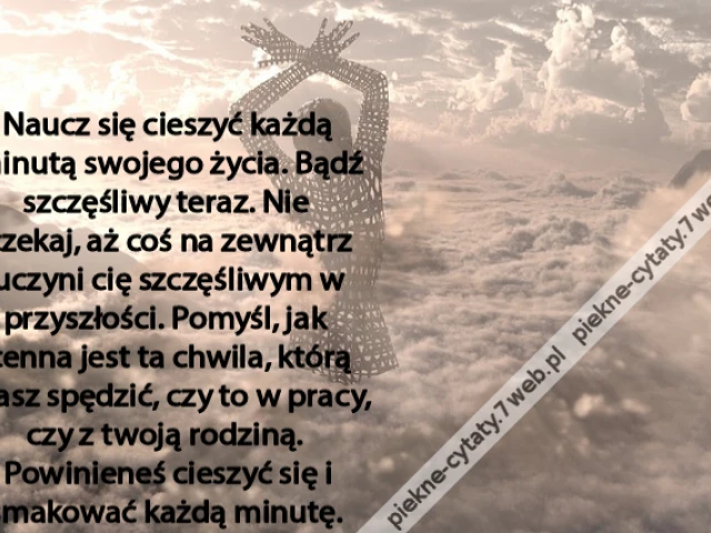 Naucz się cieszyć każdą minutą swojego życia. Bądź szczęśliwy teraz. Nie czekaj, aż coś na zewnątrz uczyni cię szczęśliwym w przyszłości. Pomyśl, jak cenna jest ta chwila, którą masz spędzić, czy to w pracy, czy z twoją rodziną. Powinieneś cieszyć się
