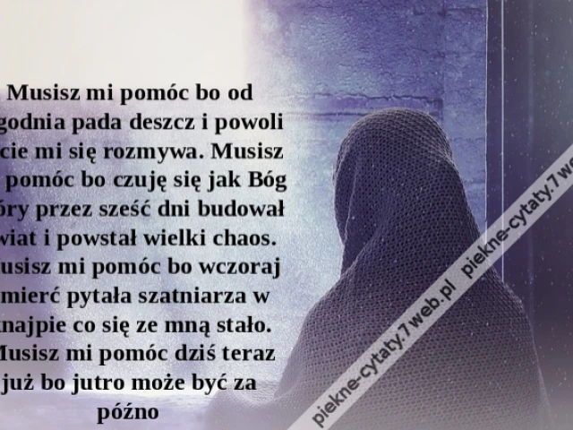 Musisz mi pomóc bo od tygodnia pada deszcz i powoli życie mi się rozmywa. Musisz mi pomóc bo czuję się jak Bóg który przez sześć dni budował świat i powstał wielki chaos. Musisz mi pomóc bo wczoraj śmierć pytała szatniarza w knajpie co się ze mną stało. M