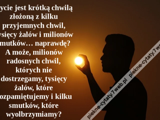 Życie jest krótką chwilą złożoną z kilku przyjemnych chwil, tysięcy żalów i milionów smutków… naprawdę? A może, milionów radosnych chwil, których nie dostrzegamy, tysięcy żalów, które rozpamiętujemy i kilku smutków, które wyolbrzymiamy?