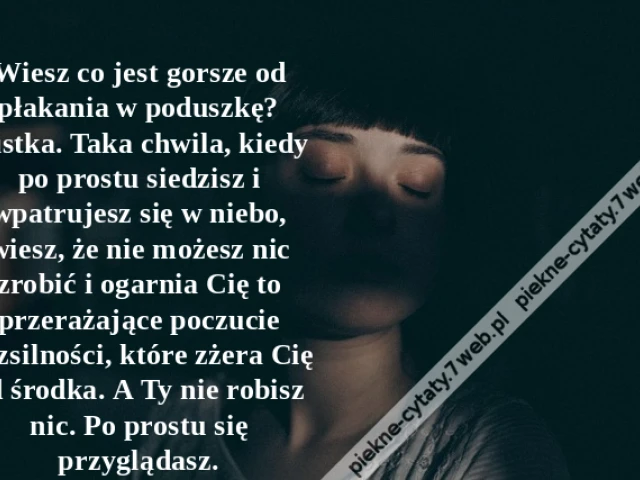 Wiesz co jest gorsze od płakania w poduszkę? Pustka. Taka chwila, kiedy po prostu siedzisz i wpatrujesz się w niebo, wiesz, że nie możesz nic zrobić i ogarnia Cię to przerażające poczucie bezsilności, które zżera Cię od środka. A Ty nie robisz nic. Po pro