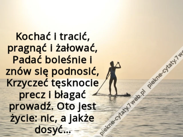 Kochać i tracić, pragnąć i żałować, Padać boleśnie i znów się podnosić, Krzyczeć tęsknocie precz i błagać prowadź. Oto jest życie: nic, a jakże dosyć…