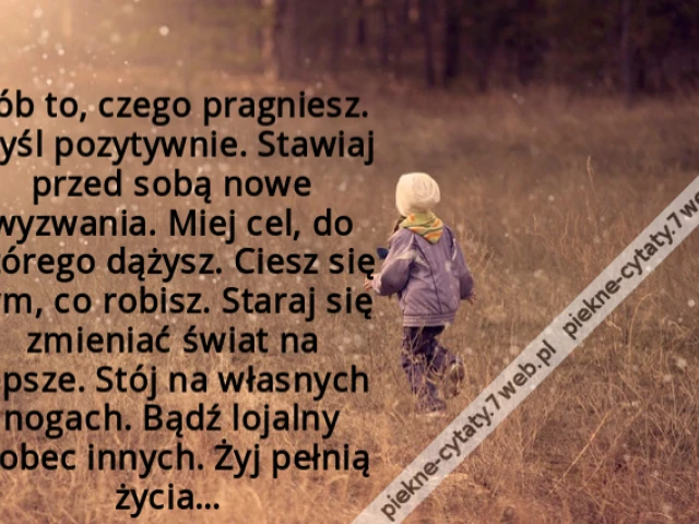 Rób to, czego pragniesz. Myśl pozytywnie. Stawiaj przed sobą nowe wyzwania. Miej cel, do którego dążysz. Ciesz się tym, co robisz. Staraj się zmieniać świat na lepsze. Stój na własnych nogach. Bądź lojalny wobec innych. Żyj pełnią życia…