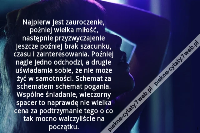 Najpierw jest zauroczenie, poźniej wielka miłość, następnie przyzwyczajenie jeszcze poźniej brak szacunku, czasu i zainteresowania. Poźniej nagle jedno odchodzi, a drugie uświadamia sobie, że nie może żyć w samotności. Schemat za schematem schemat pogania