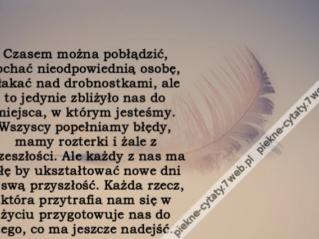 Czasem można pobłądzić, kochać nieodpowiednią osobę, płakać nad drobnostkami, ale to jedynie zbliżyło nas do miejsca, w którym jesteśmy. Wszyscy popełniamy błędy, mamy rozterki i żale z przeszłości. Ale każdy z nas ma siłę by ukształtować nowe dni w swą p