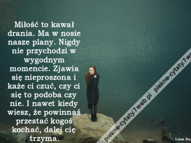 Miłość to kawał drania. Ma w nosie nasze plany. Nigdy nie przychodzi w wygodnym momencie. Zjawia się nieproszona i każe ci czuć, czy ci się to podoba czy nie. I nawet kiedy wiesz, że powinnaś przestać kogoś kochać, dalej cię trzyma.